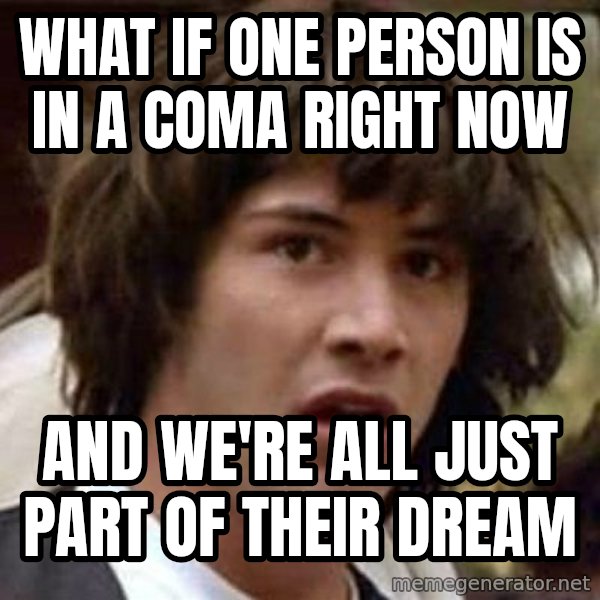 Conspiracy Keanu meme: What if one person is in a coma right now / and we're all just part of their dream