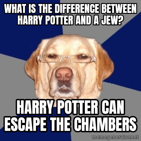 Racist Dawg meme: What is the difference between Harry Potter and a jew? / Harry Potter can escape the chambers