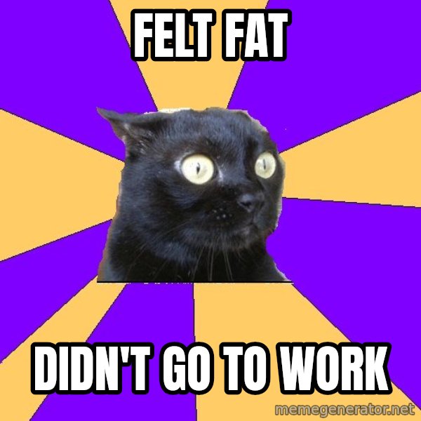 Anxiety Cat meme: felt fat / didn't go to work