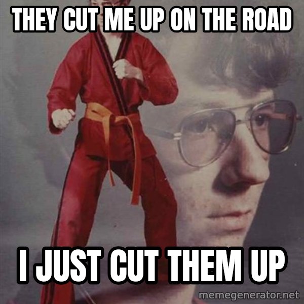 PTSD Karate Kyle meme: They cut me up on the road / I just cut them up