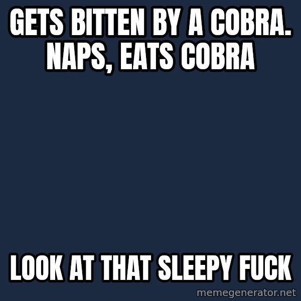 Fearless Honeybadger meme: Gets bitten by a cobra. naps, eats cobra / look at that sleepy fuck