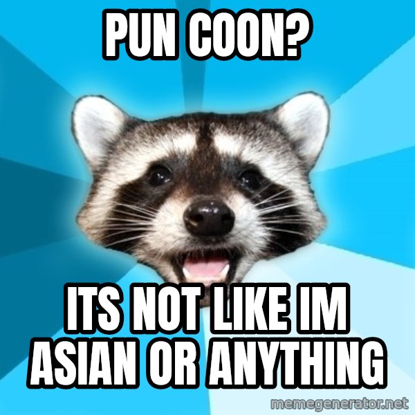 Lame Pun Coon meme: pun coon? / its not like im asian or anything