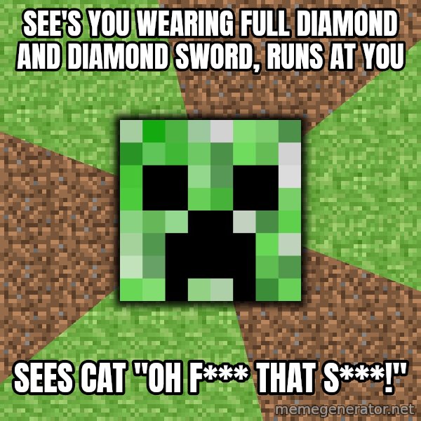 Minecraft Creeper meme: See's you wearing full diamond and diamond sword, runs at you / sees cat "oh f*** that s***!"