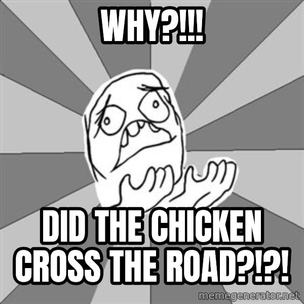 Whyyy??? meme: WHY?!!! / Did the chicken cross the road?!?!
