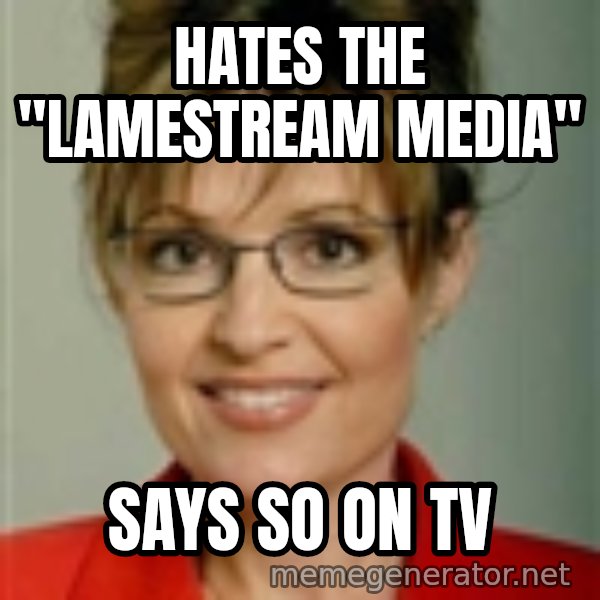Sarah Palin meme: Hates the "Lamestream Media" / Says so on TV