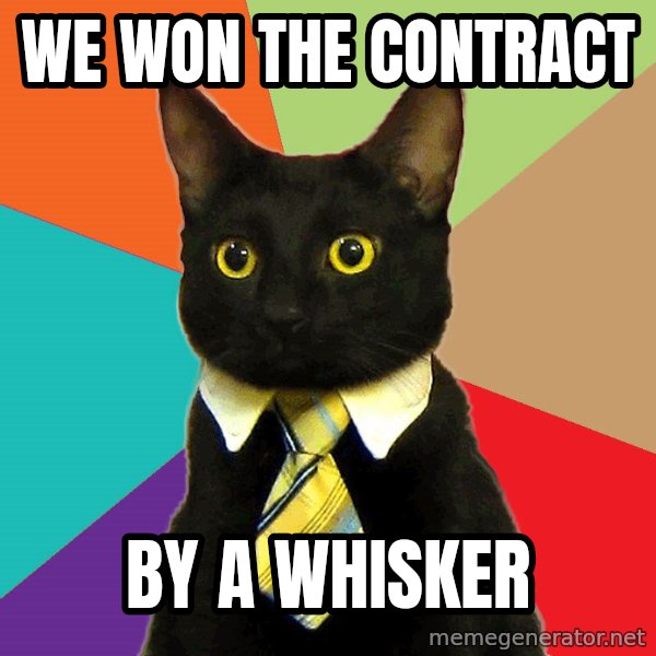 Business Cat meme: We won the contract / by a whisker