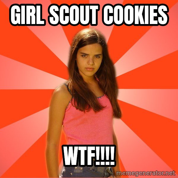 Jealous Girl meme: girl scout cookies / wtf!!!!