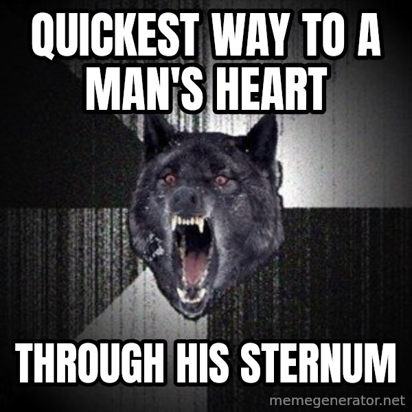 Insanity Wolf meme: quickest way to a man's heart / through his sternum