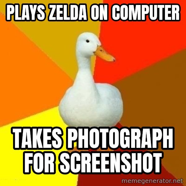 Technologically Impaired Duck meme: Plays zelda on computer / takes photograph for screenshot