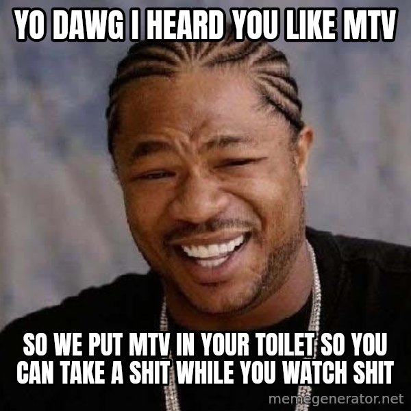 Yo Dawg meme: YO DAWG I heard you like MTV / So we put MTV in your toilet so you can take a shit while you watch shit