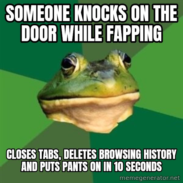 Foul Bachelor Frog meme: someone knocks on the door while fapping / closes tabs, deletes browsing history and puts pants on in 10 seconds