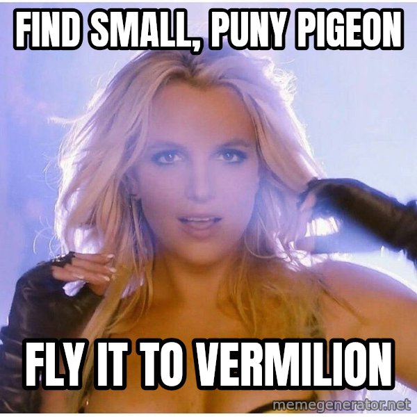 Professor Oak meme: Find small, puny PIGEON / fly it to vermilion