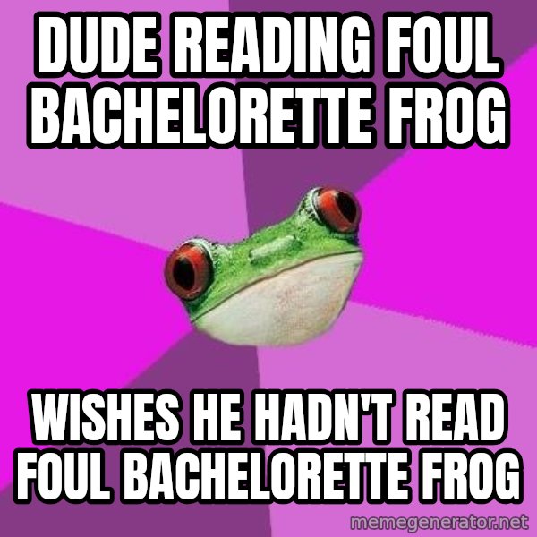 Foul Bachelorette Frog meme: Dude reading Foul Bachelorette Frog / Wishes he hadn't read foul bachelorette frog