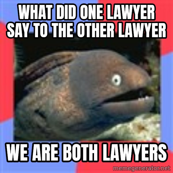 Bad Joke Eels meme: What did one LAWYER say to the other lawyer / we are both lawyers
