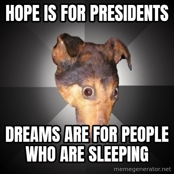 Depression Dog meme: hope is for presidents / dreams are for people who are sleeping