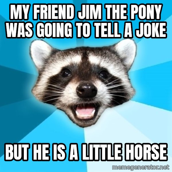 Lame Pun Coon meme: my friend jim the pony was going to tell a joke / but he is a little horse