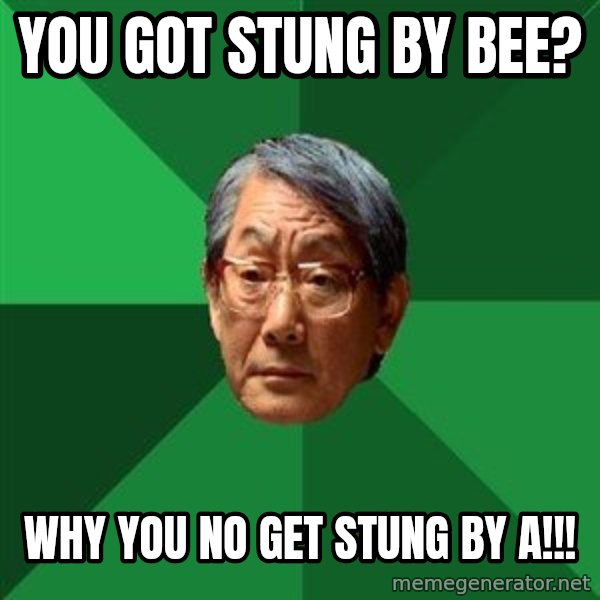 High Expectations Asian Father meme: you got stung by bee? / Why you no get stung by a!!!