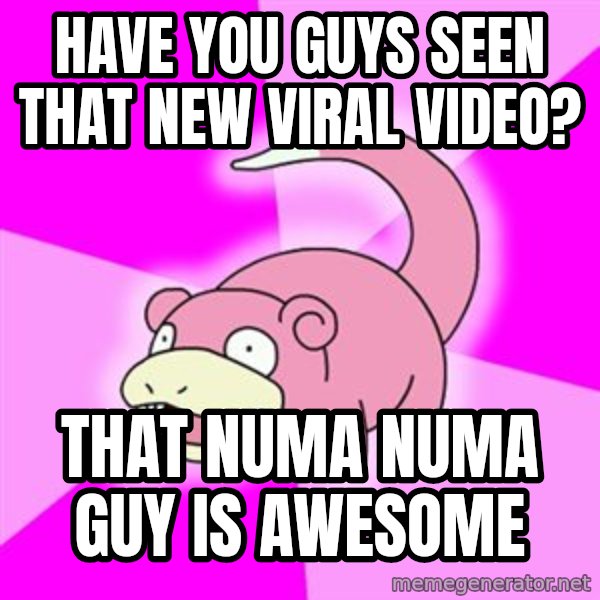 Slowpoke meme: have you guys seen that new viral video? / that numa numa guy is awesome