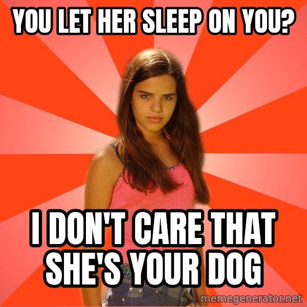 Jealous Girl meme: you let her sleep on you? / i don't care that she's your dog