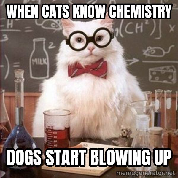 Chemistry Cat meme: when cats know chemistry / dogs start blowing up