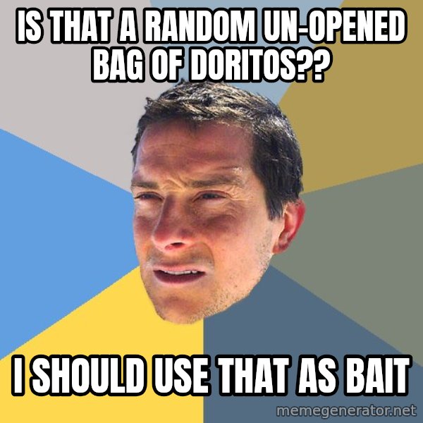 Bear Grylls meme: is that a random un-opened bag of doritos?? / i should use that as bait