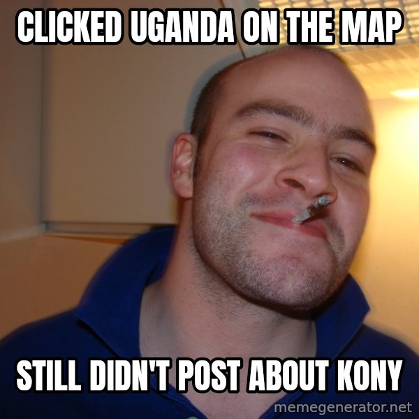 Good Guy Greg meme: clicked Uganda on the map / still didn't post about kony