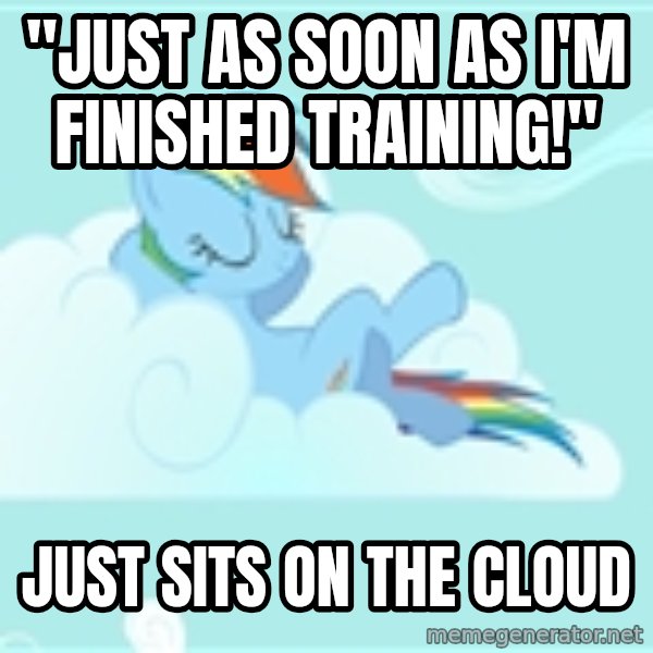 My Little Pony meme: "Just as soon as i'm finished training!" / just sits on the cloud