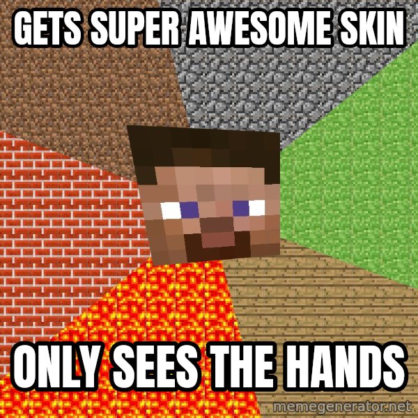 Minecraft Guy meme: Gets super awesome skin / Only sees the hands