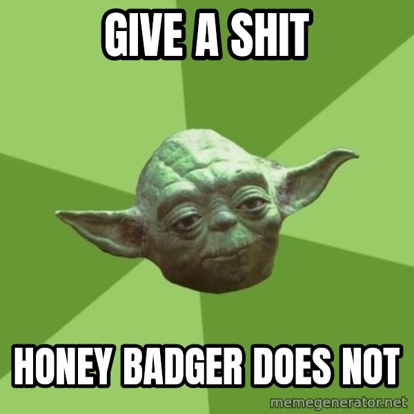 Advice Yoda Gives meme: Give a shit / honey badger does not