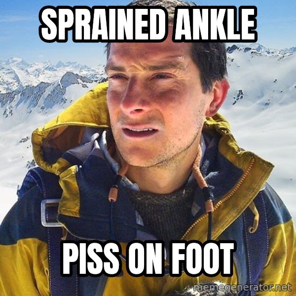 Bear Grylls Loneliness meme: sprained ankle / PIss on foot