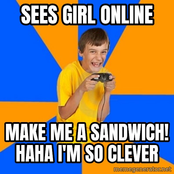 Annoying Gamer Kid meme: Sees girl online / make me a sandwich! haha i'm so clever