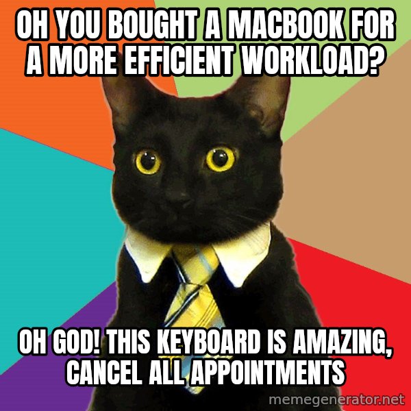 Business Cat meme: Oh You Bought a Macbook for a More Efficient Workload? / Oh God! This Keyboard is amazing, Cancel all appointments