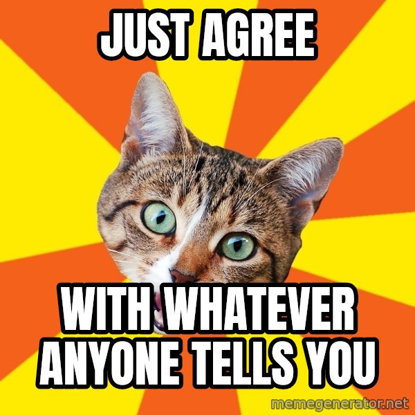 Bad Advice Cat meme: just agree / with whatever anyone tells you
