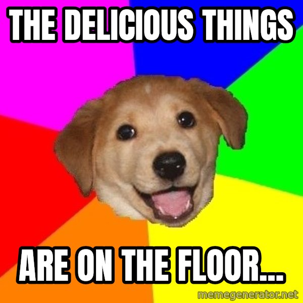 Advice Dog meme: The delicious things / are on the floor...