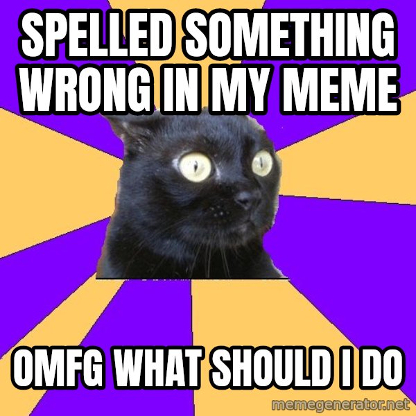 Anxiety Cat meme: Spelled something wrong in my meme / omfg what should I do