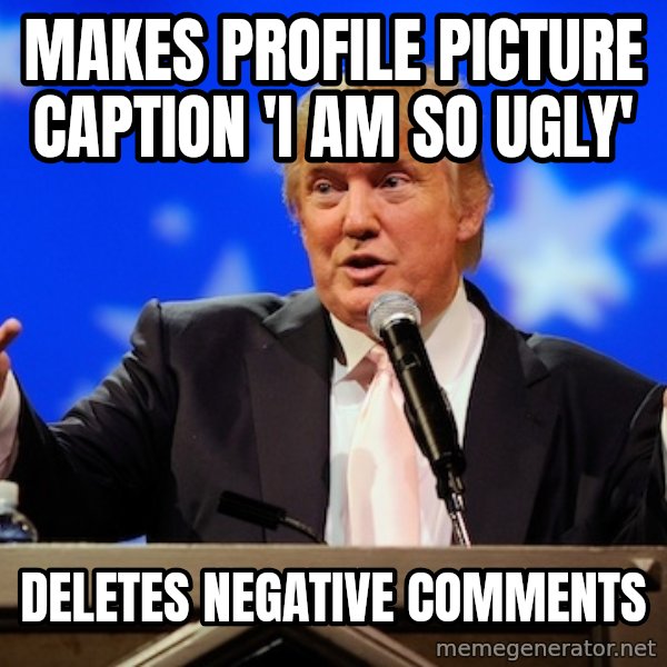Annoying Facebook Girl meme: makes profile picture caption 'i am so ugly' / deletes negative comments