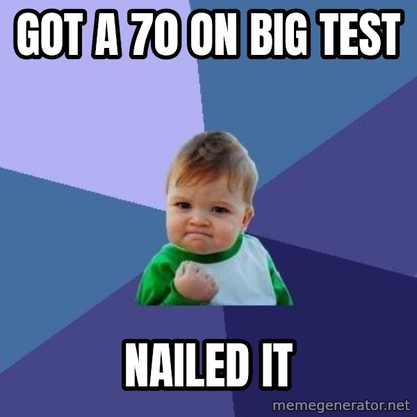 Success Kid meme: Got a 70 on big test / NAILED IT