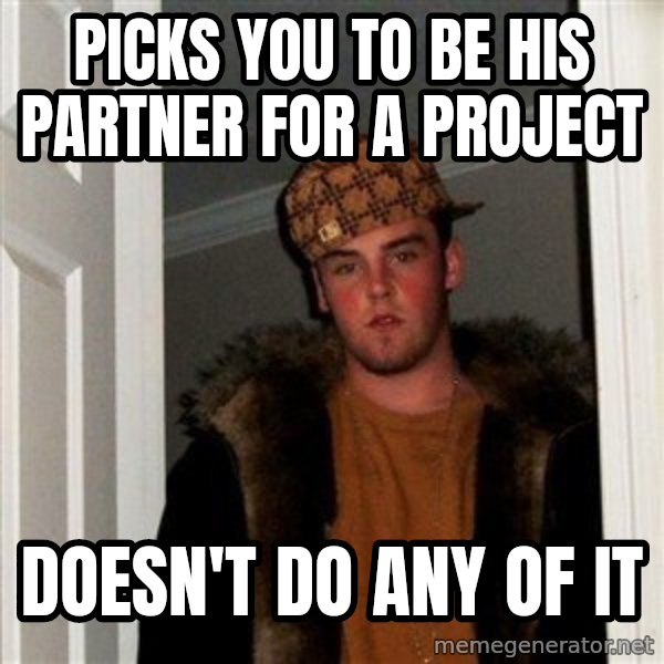 Scumbag Steve meme: Picks you to be his partner for a project / doesn't do any of it