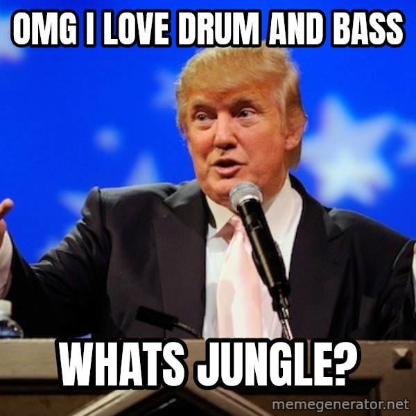 Annoying Facebook Girl meme: omg i LOVE DRUM AND BASS / WHATS JUNGLE?