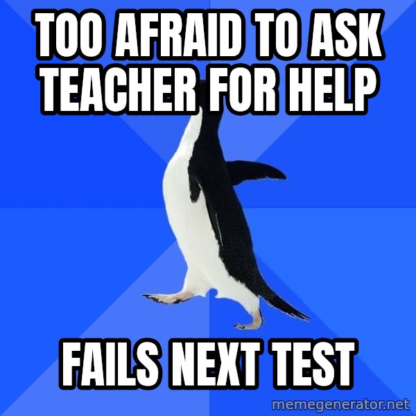 Socially Awkward Penguin meme: too afraid to ask teacher for help / fails next test