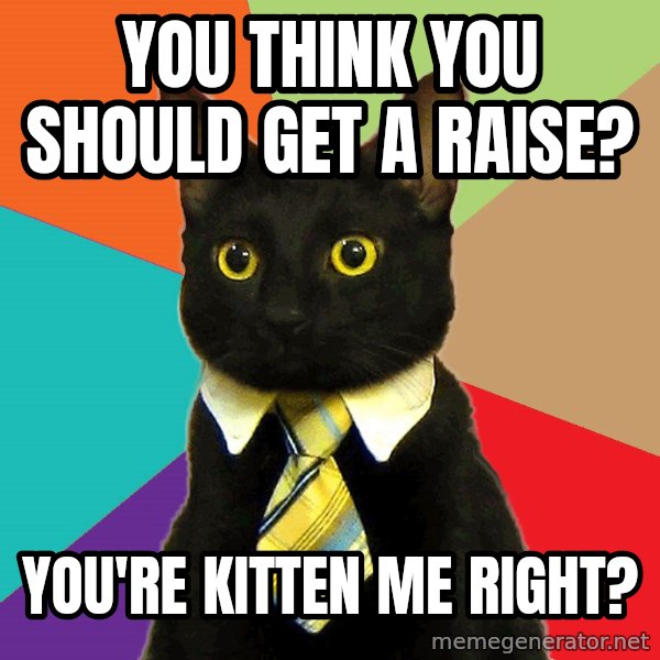 Business Cat meme: YOU THINK YOU SHOULD GET A RAISE? / YOU'RE KITTEN ME RIGHT?