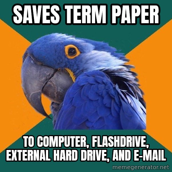 Paranoid Parrot meme: saves term paper / to computer, flashdrive, external hard drive, and e-mail