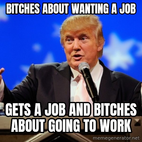 Annoying Facebook Girl meme: Bitches about wanting a job / gets a job and bitches about going to work