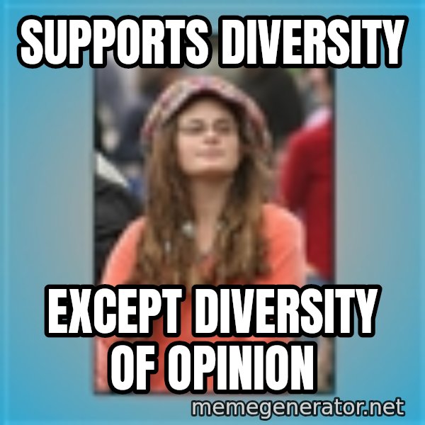 hippie girl meme: supports diversity / except diversity of opinion