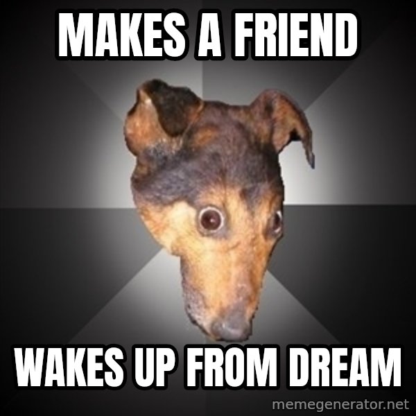 Depression Dog meme: makes a friend / wakes up from dream