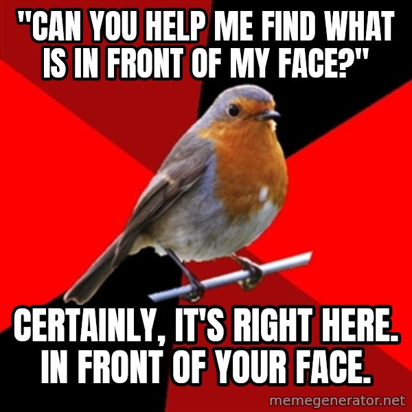 Retail Robin meme: "Can you help me find what is in front of my face?" / Certainly, it's right here. in front of your face.