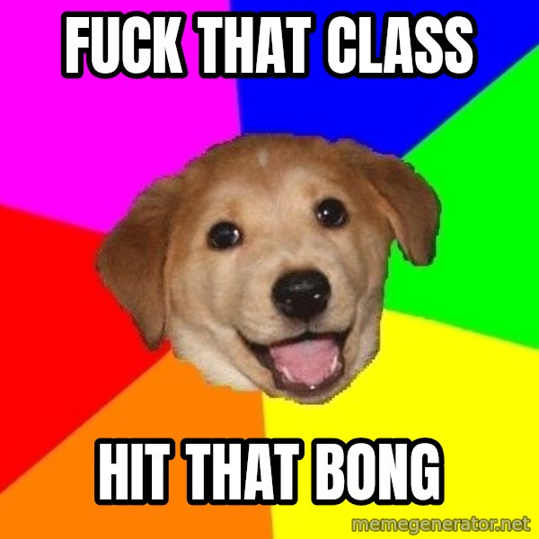 Advice Dog meme: fuck that class / hit that bong
