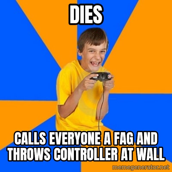 Annoying Gamer Kid meme: Dies / Calls everyone a fag and throws controller at wall
