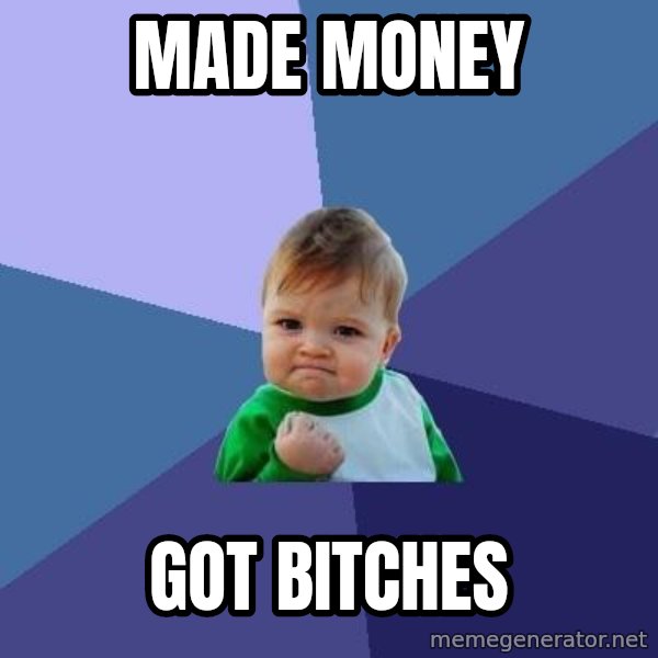 Success Kid meme: Made money / got bitches