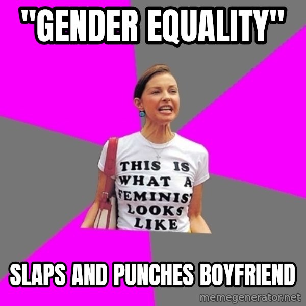 Feminist Cunt meme: "gender equality" / slaps and punches boyfriend